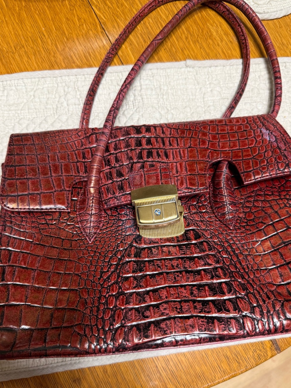 Preston & York Croco-Embossed Burgundy Shoulder Bag with Gold Lock